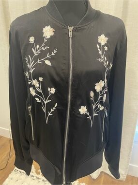 Black Embroidered Floral Bomber Jacket - Women
